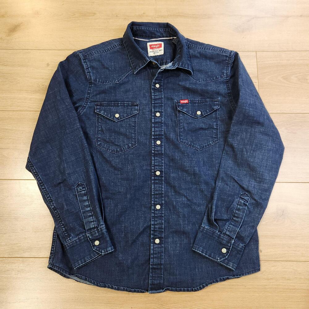 Wrangler Western Shirt Mens Medium Blue Denim Long Sleeve Pearl Snap Stretch